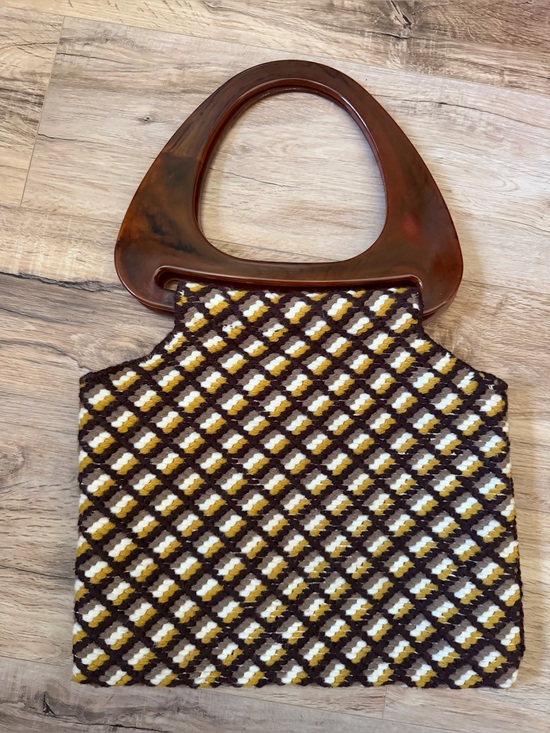 Handbags - Handwoven Brown, Cream & Yellow Retro Knit Tote
